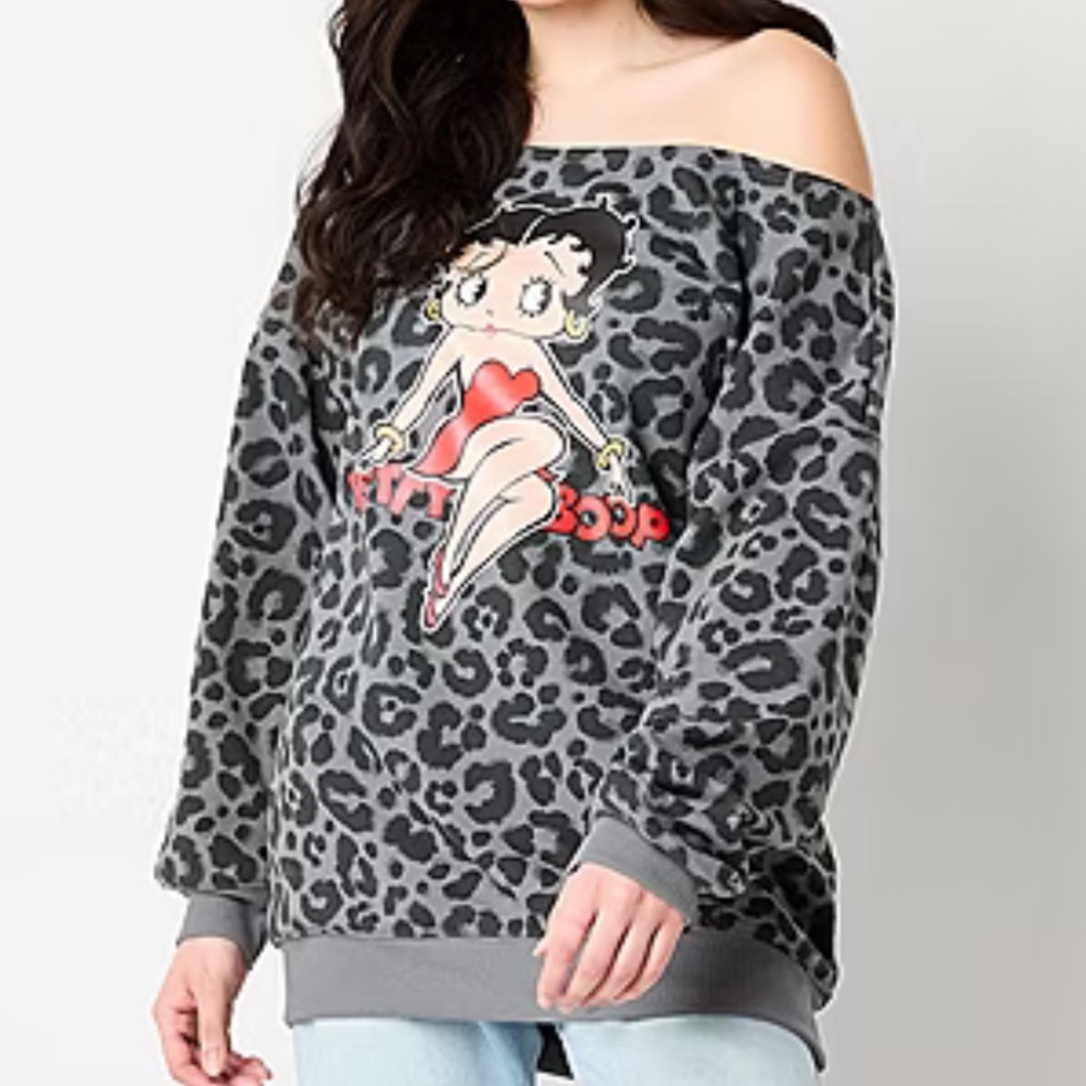 Betty Boop Gray Leopard Oversized Off-Shoulder Sweatershirt